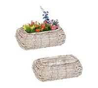 Relaxdays Set of 2 Plant Pots, Rattan, Flower Baskets with Foil, HDW: 10x25x15cm, Indoors Curved Planters, White/Natural, Fibre