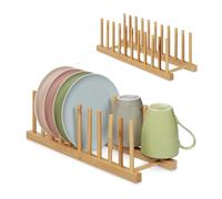 Relaxdays Set of 2 Plate Racks, for 10 Dishes Each, Pan Lid & Chopping Board Holder, Dish Drainer Stand, Bamboo, Natural