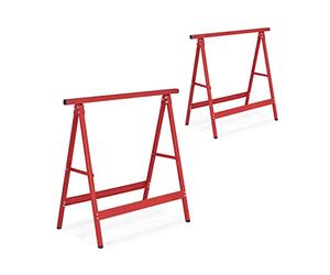 Relaxdays Set of 2 Sawhorses, Folding, 100 kg, 75 x 78 x 40 cm, Multipurpose Workbench, Builder's Trestle, Steel, Red