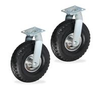 Relaxdays Set of 2 Swivel Castors, Pneumatic Tyres, 3.00-4, Heavy-Duty Wheels, Screw-On Plate, Max. 240 kg, Black/Silver, Steel, 30 x 26 x 13.5 cm