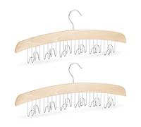 Relaxdays Set of 2 Tie & Belt Rack for the Closet, Hanger for 12 Belts, Accessory Holder, Lotus Wood, HWD: 17x43x5 cm, Natural/Silver