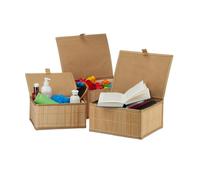 Relaxdays Set of 3 Bamboo Storage Baskets, Storage Boxes with Lid, Bamboo Container, Decorative Storage, Natural