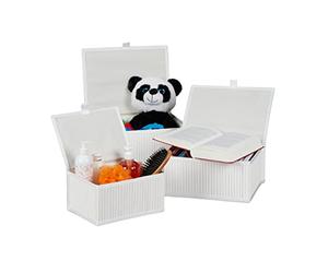 Relaxdays Set of 3 Bamboo Storage Baskets, Storage Boxes with Lid, Bamboo Container, Decorative Storage, White
