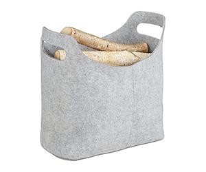 Relaxdays Set of 3 Felt Firewood Baskets, HxWxD: 39.5 x 40 x 23 cm, 2 Handles, Foldable, Newspaper Holder, Grey