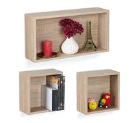 Relaxdays Set of 3 Floating Shelves, Wall Cubes in Wood Look, 2 Sizes, Decorative Display, Rectangular & Square, Natural, Fibreboard, 25 x 49 x 12 cm