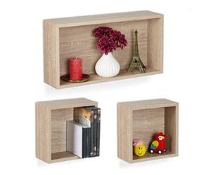 Relaxdays Set of 3 Floating Shelves, Wall Cubes in Wood Look, 2 Sizes, Decorative Display, Rectangular & Square, Natural, Fibreboard, 25 x 49 x 12 cm