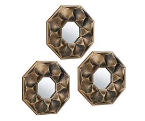 Relaxdays Set of 3 Flower Mirrors, Octagonal, Decorative, Ø 25 cm, Wall Mounted, Plastic Frame, Lounge & Hallway, Gold
