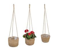 Relaxdays Set of 3 Flower Pot Seagrass in 3 Sizes, Plants & Herbs, Lined with Plastic Foil, Round, Natural, Fibre, 85 x 23.5 x 23.5 cm