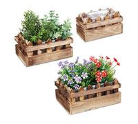 Relaxdays Set of 3 Flowerpots, Various Sizes, Decoration for Garden and Terrace, Fenced Look, Flamed Fir Wood, Natural, 12x25.5x18.5 cm