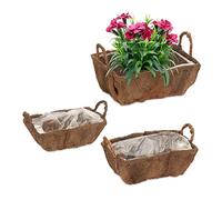Relaxdays Set of 3 Flowerpots with Handles, Coconut Fibre, 3 Sizes, for Balcony & Windowsill, Planter with Foil, Natural, Coco, 10 x 27 x 22 cm