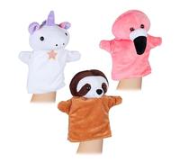 Relaxdays Set of 3 Hand Puppets, for Children, Animal Toys, Sloth, Flamingo, Unicorn, Soft Plush, Colourful, Polyester, 24 x 20 x 13 cm