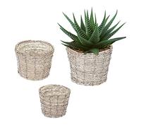 Relaxdays Set of 3 Indoors Plant Pots in Various, Made of Rattan, Lined with Foil, Round Planters, White/Natural, Fibre, 3 Sizes