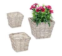 Relaxdays Set of 3 Indoors Plant Pots in Various Sizes, Lined with Foil, Square Planters, Made of Rattan, White/Natural, Fibre, 20 x 25.5 x 25.5 cm