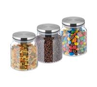 Relaxdays Set of 3 Jars, 1100ml, Steel Airtight Lids, Dry Food Storage, Glass, HxD: 14x12cm, Transparent/Silver, 14 x 12 x 12 cm
