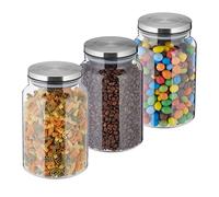 Relaxdays Set of 3 Jars, 1500ml, Steel Airtight Lids, Dry Food Storage, Glass, HxD: 19x12cm, Transparent/Silver, 19 x 12 x 12 cm