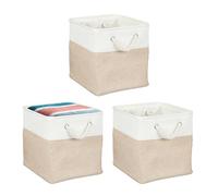 Relaxdays Set of 3 Linen Storage Baskets with Rope Handles, Clothes, Toys, 28 x 28 x 28 cm, Shelving Basket, Beige/White