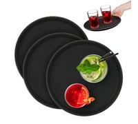 Relaxdays Set of 3 Serving Tray, Round Ø 28 cm, Bar Drinks Plate, Non-Slip Surface, Waiter's Catering, Versatile, Black