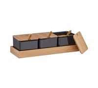 Relaxdays Set of 3 Spice Jars, with Tray, Spoons, Lids, Bamboo & Plastic, Container for Herbs, 11x30x13 cm, Black/Brown
