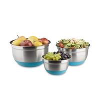 Relaxdays Set of 3, Stainless Steel, No-Slip Rubber Bottom, Mixing Bowls in 3 Sizes, Blue, 26 x 26 x 15 cm