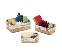 Relaxdays Set of 3 Storage Baskets, 3 Sizes, Bamboo with Fabric Lining, Stackable Bathroom Organisers, Natural/Cream, 12 x 32 x 22.5 cm
