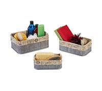 Relaxdays Set of 3 Storage Baskets, Bamboo with Fabric Lining, 3 Sizes, Shelf Tidy, Bathroom, Grey/Beige