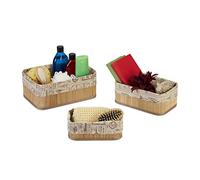 Relaxdays Set of 3 Storage Baskets, Bamboo with Fabric Lining, 3 Sizes, Shelf Tidy, Bathroom, Vintage, Natural/Beige