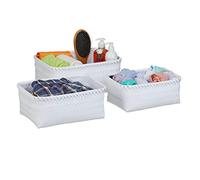 Relaxdays Set of 3 Storage Baskets, Organisers in 3 Sizes, Wicker, Bathroom Tidy, Decorative Box, Rectangular, White, 90% plastic 10% iron