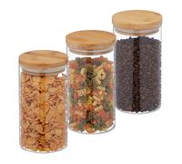 Relaxdays Jars in Set of Three, Bamboo Airtight Lids, 1000ml Each, Dry Food Storage, Glass, Transparent/Brown, Set of 3