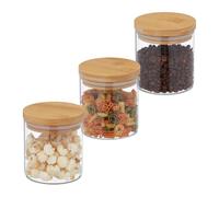 Relaxdays Jars in Set of Three, 500ml Each, Bamboo Airtight Lids, Dry Food Storage, Glass, Transparent/Brown, 10.5 x 10 cm