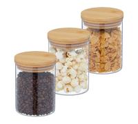 Relaxdays Jars in Set of Three, 650ml Each, Bamboo Airtight Lids, Dry Food Storage, Glass, Transparent/Brown, Set of 3