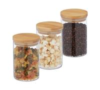 Relaxdays Jars in Set of Three, 800ml Each, Bamboo Airtight Lids, Dry Food Storage, Glass, Transparent/Brown, 15 x 10 cm