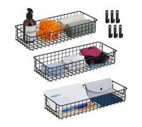 Relaxdays Wire Basket Set of 3, with Wall Brackets, Storage Rack, HxWxD: 7.5 x 41 x 16 cm, Metal, All-Purpose, Black, Iron
