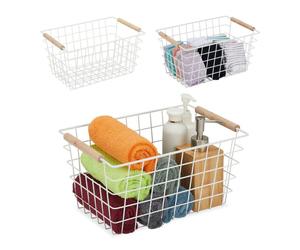 Relaxdays Set of 3 Wire Baskets Wooden Handles