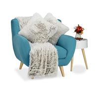 Relaxdays Set of 3 with 2 Scatter Cushions, Faux Fur Bedspread, Pillows and Blanket in White-Brown
