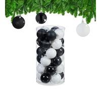 Relaxdays 30x Christmas Bauble Glittery, Matt & Shiny Ornaments, Plastic Xmas Tree Balls, HxD: 7 x 6 cm, Black/White
