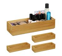 Relaxdays Set of 4 Bamboo Storage Boxes, Stackable, Natural Look, Kitchen Organiser, Bathroom, 5 x 23 x 7.5 cm, Natural