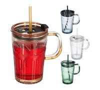 Relaxdays Set of 4 Cups, Drinking Glasses with Lid & Straw & Handle, Vol. 450 ml, 4 Colours, Transparent, 13 x 13 x 8.5 cm