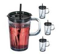 Relaxdays Set of 4 Cups, Drinking Glasses with Lid & Straw & Handle, Vol. 450 ml, Grey, Transparent, 13 x 13 x 8.5 cm