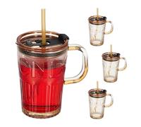 Relaxdays Set of 4 Cups, Drinking Glasses with Lid & Straw & Handle, Vol. 450 ml, Light Brown, Transparent, 13 x 13 x 8.5 cm