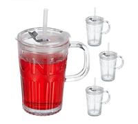 Relaxdays Set of 4 Cups, Drinking Glasses with Lid & Straw & Handle, Vol. 450 ml, Transparent, 13 x 13 x 8.5 cm