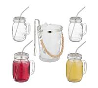 Relaxdays Set of 4 Drinking Glasses, Lids and Straws, Cocktail, 500 ml, Summer, Lemonade Jars with Handle, Transparent, 16 x 16.5 x 12 cm