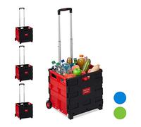 Relaxdays Set of 4 Folding Shopping Trolley, Telescopic Handle, 2 Rubber Wheels, Transport Cart, Aluminium, Red