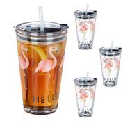 Relaxdays Set of 4 Glass Cups Flamingo Design