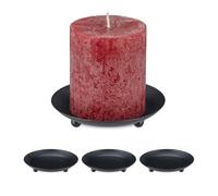 Relaxdays Set of 4 Holders for Pillar Candles, Ø 10 cm, Table Decoration, Metal, Round Plates with Raised Rim, Black, Iron