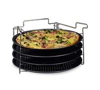 Relaxdays Set of 4 Pizza Trays, Size: 20 x 32 x 32 cm Pizza Baking Set with 4 Pans and a Stand Round w/ Anti-Stick Coating, Grey