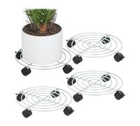 Relaxdays Set of 4 Plant Roller, Ø 32 cm, Flower Pot Coaster with Castors, 30 kg Capacity Each, Steel, Indoors, Silver, 6 x 32 x 32 cm