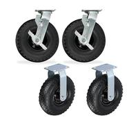 Relaxdays Set of 4 Pneumatic Heavy-Duty Castors 3.00-4, Fixed & Swivel, 120kg, Black & Silver, 34x26x13.5cm
