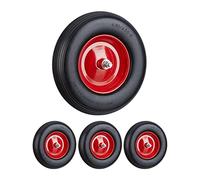 Relaxdays Set of 4 Solid Rubber Wheelbarrow Tyres with Axle, 4.80 4.00-8, 100 kg Capacity, Flat-Free, Black/Red