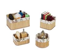 Relaxdays Set of 4 Storage Baskets, 4 Sizes, Bamboo with Fabric Lining, Stackable Bathroom Organisers, Natural/Cream
