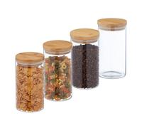 Relaxdays Jars in Set of Four, 1000 ml Each, Bamboo Smell-Proof Lids, Dry Food Storage, Glass, Transparent/Brown, 18 x 10 cm